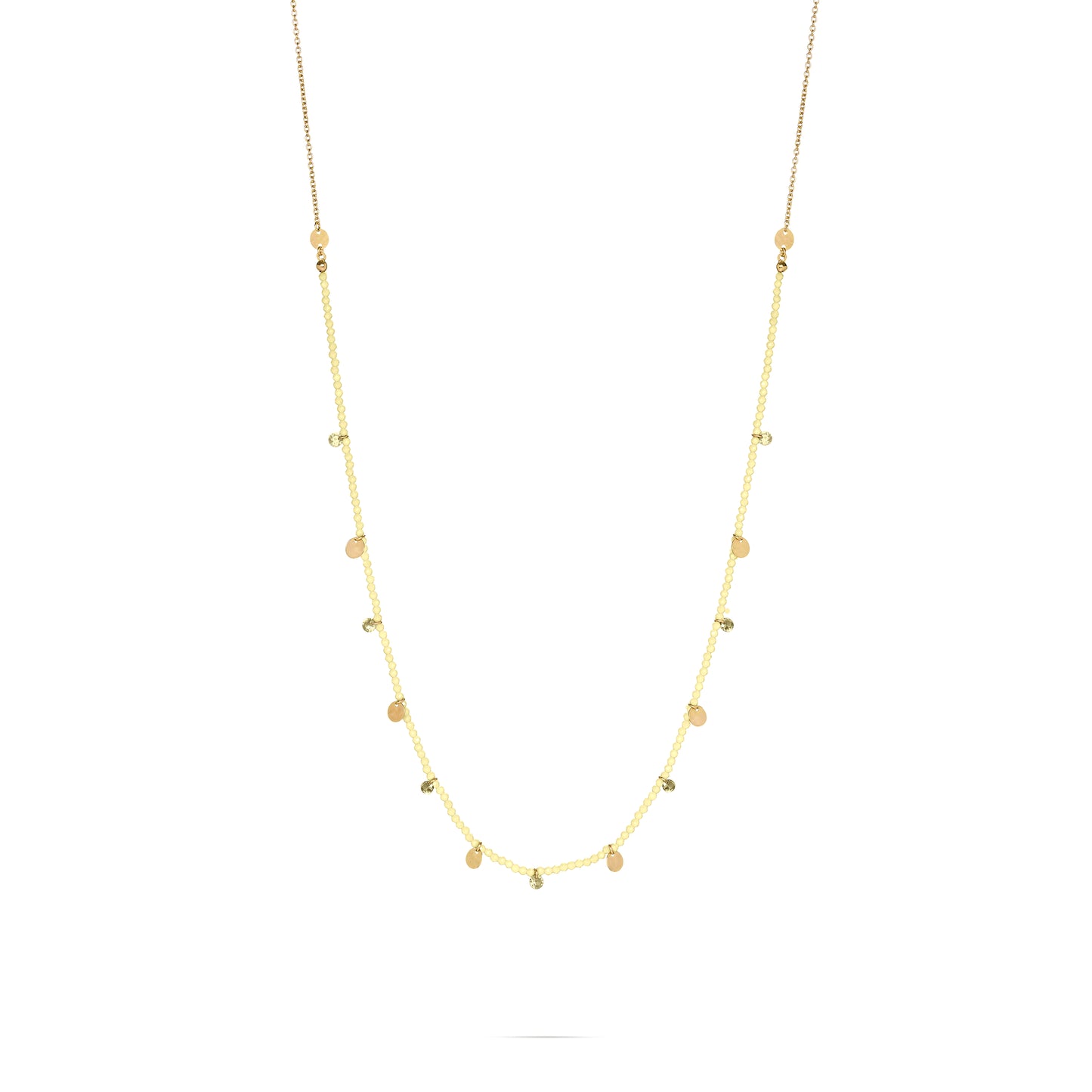 Collana lunga 90 cm in argento con pepite di zirconi milky lime, zirconi nudi lime pendenti e medagliette dorate - GIPSY CHIC Rue des Mille