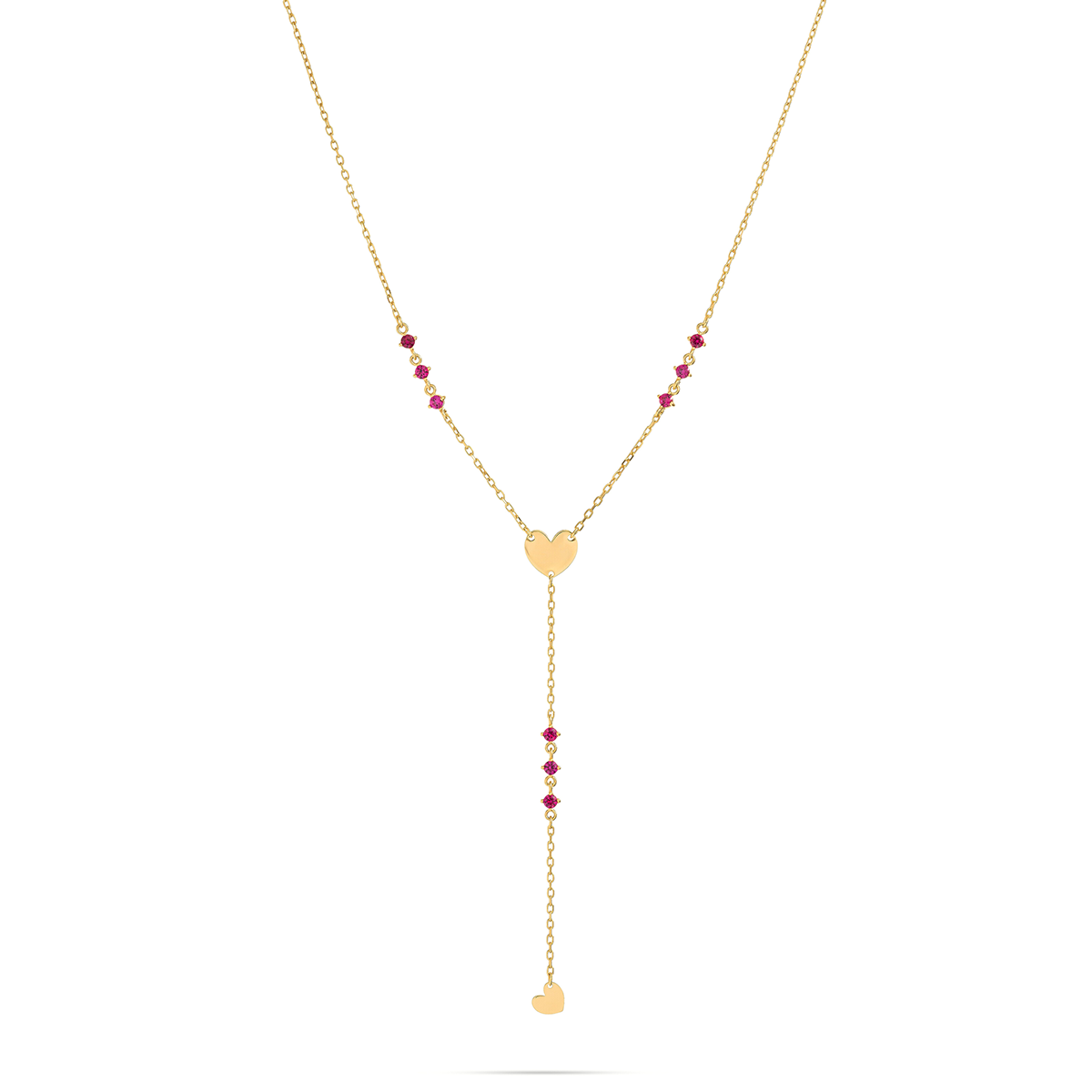 Girocollo rosario placcato oro giallo con cuore centrale, mini cuore all'estremità e zirconi rossi - ESSENCE Rue des Mille | GRZ-024 M5 CUO AU