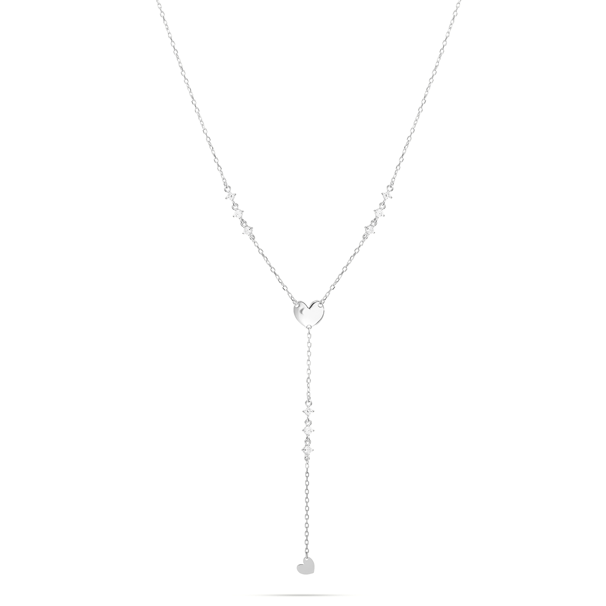 Girocollo rosario rodiato con cuore centrale, mini cuore all'estremità e zirconi bianchi - ESSENCE Rue des Mille | GRZ-024 M5 CUO RH