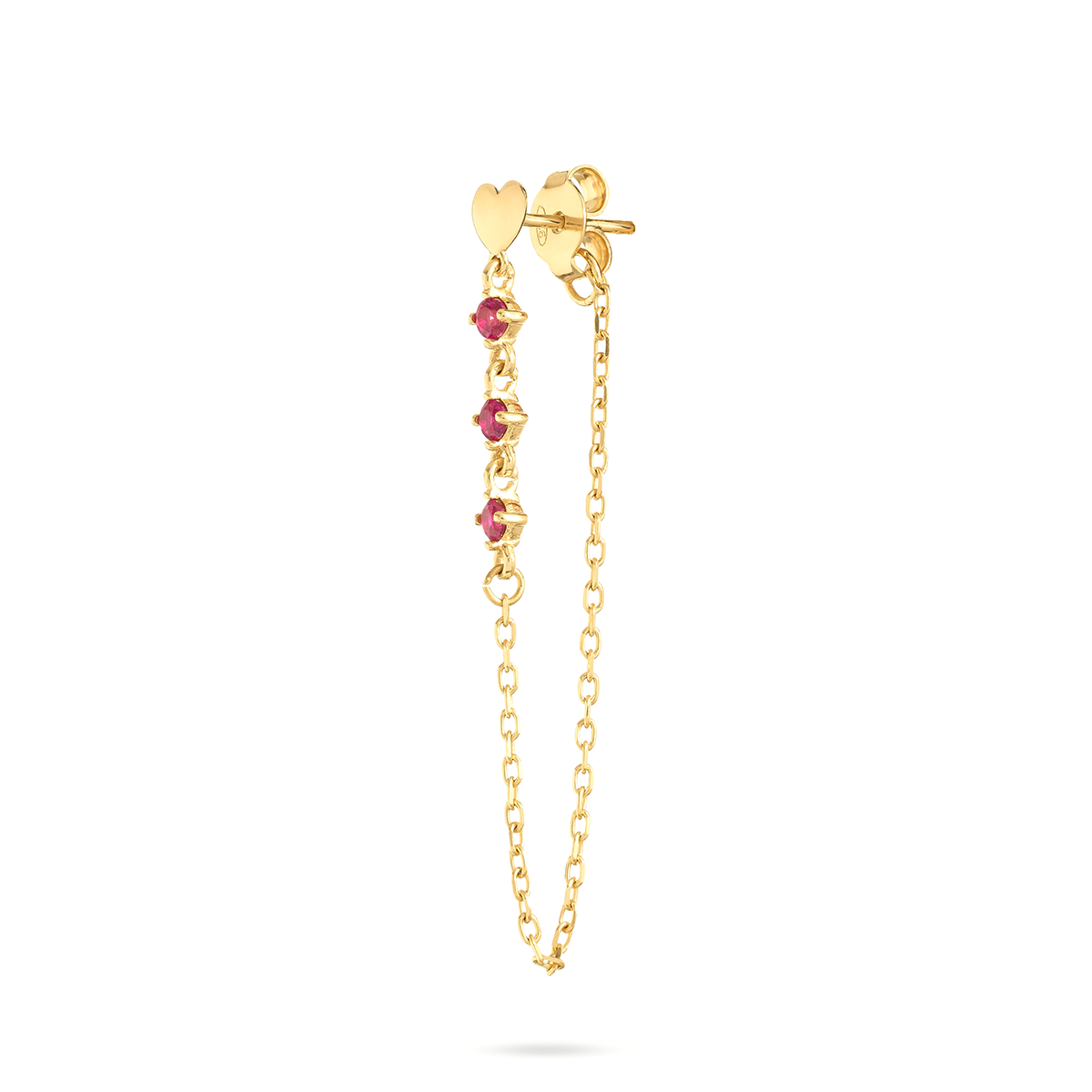 Mono-orecchino con cuore placcato oro giallo, catenella pendente e tre zirconi rossi - ESSENCE Rue des Mille