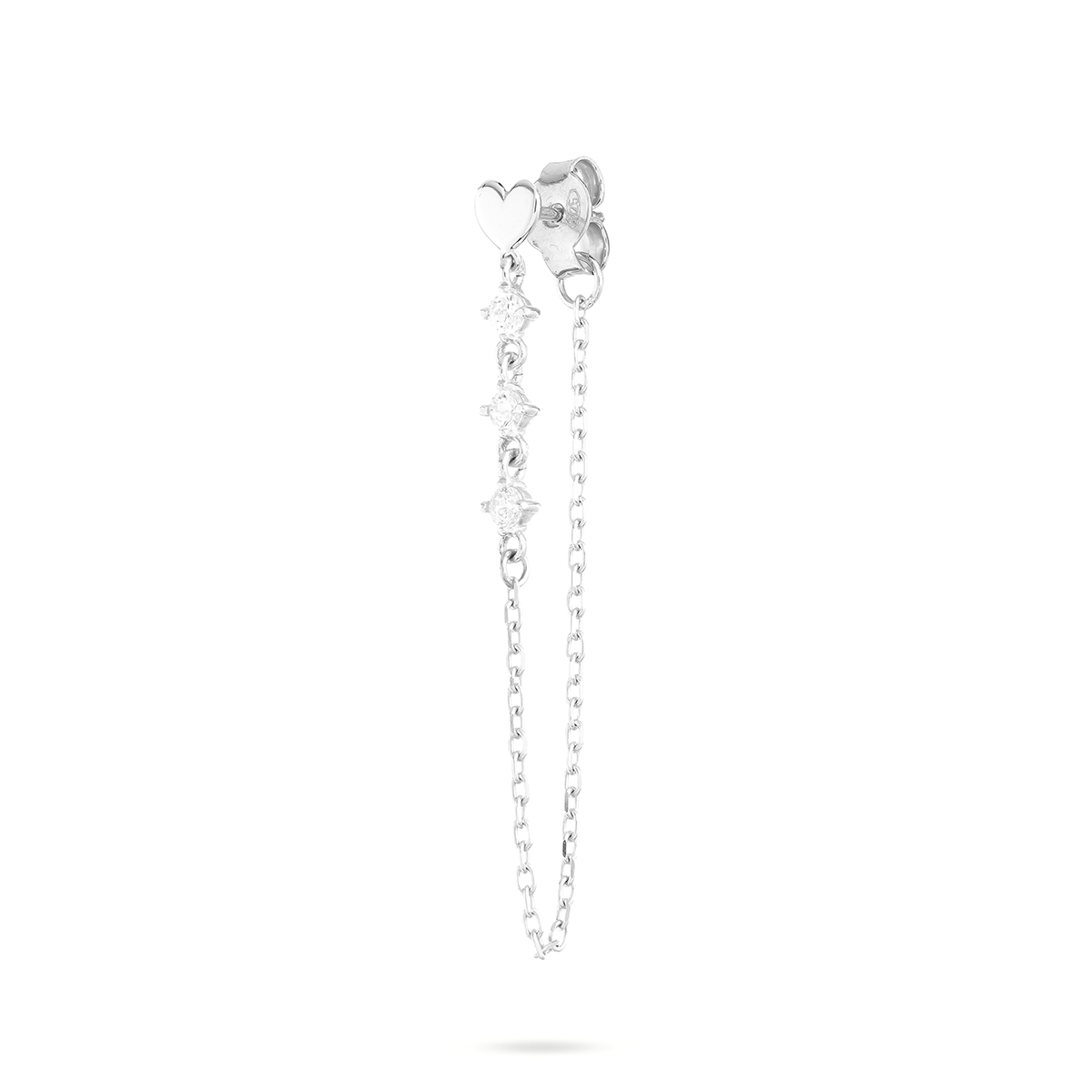 Mono-orecchino con cuore rodiato, catenella pendente e tre zirconi bianchi - ESSENCE Rue des Mille