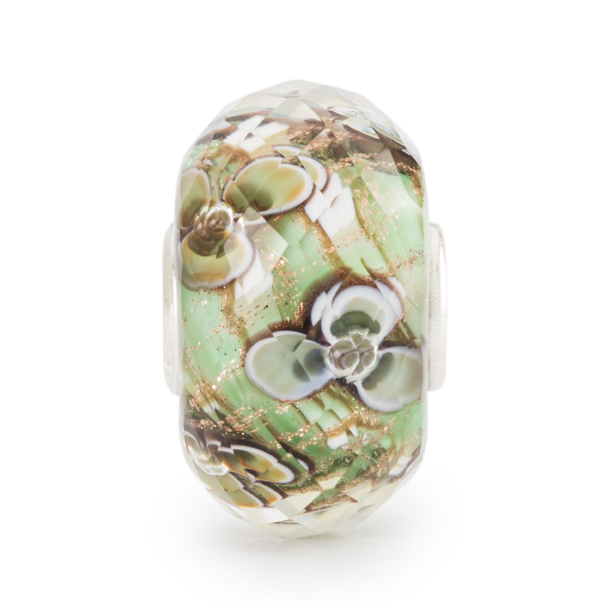 Fiore dell'Alba Trollbeads | Beads in vetro sfaccettato verde e rame con fiorellini bianchi. | TGLBE-30145