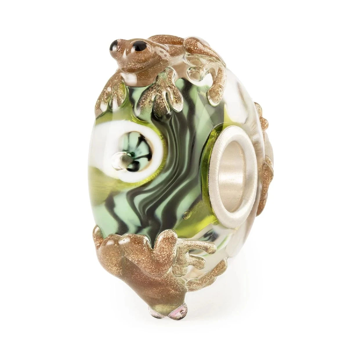 Girotondo di Ranocchie Trollbeads | Beads in vetro verde chiaro con piccole rane in rilievo, color rame, realizzate a mano | TGLBE-20448