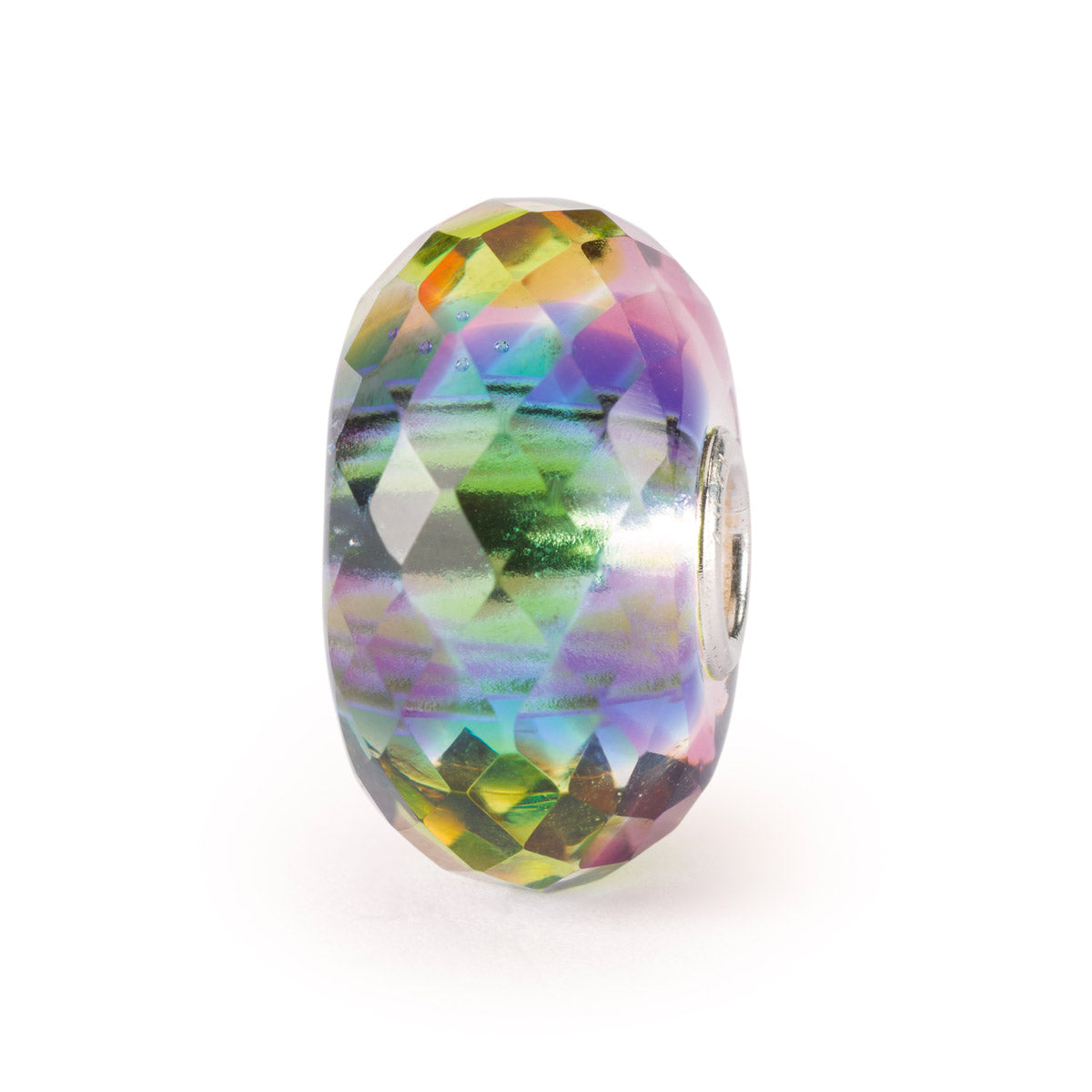 Riflessi di Alti e Bassi Trollbeads è un beads in vetro sfaccettato realizzato con sfumature di giallo, rosa, verde e celeste. Il colore predominante è il rosa.
