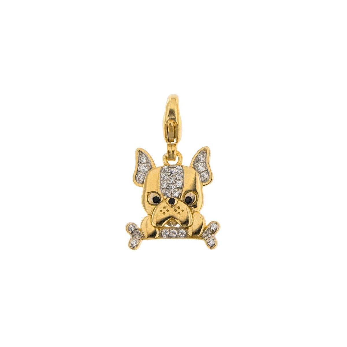 Rue des Mille - Ciondolo Bulldog in Argento Placcato in Oro Giallo e Zirconi Bianchi, CNZ-007 BULL AU