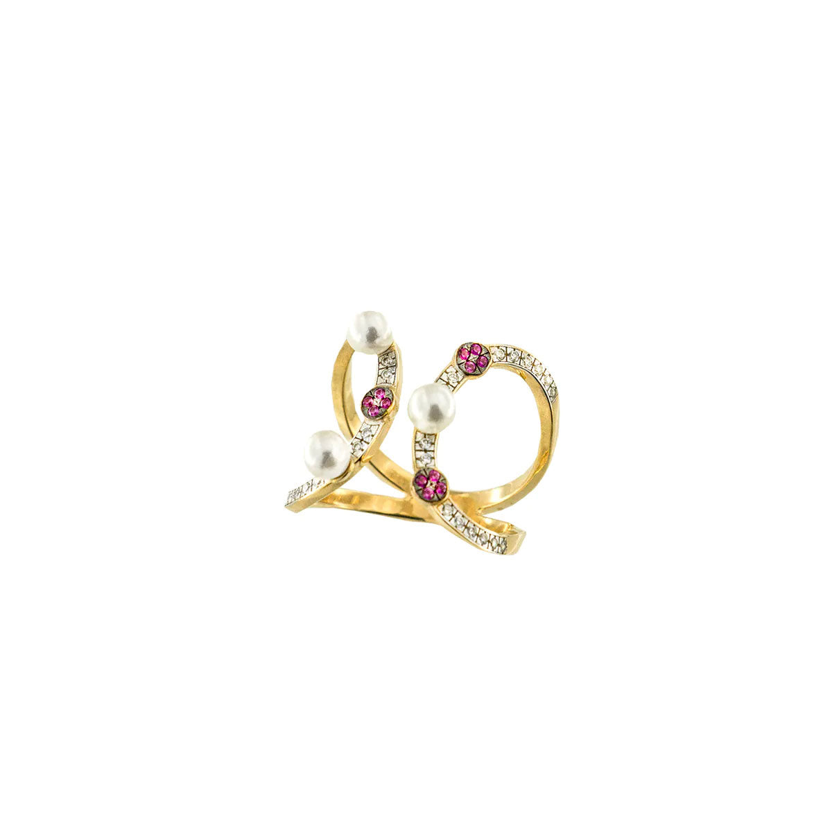 Anello double modello contrarié con doppio ovale in argento 925 e finitura in oro giallo 18kt. Lungo il gambo sono incastonate a mano perle bianche di piccolo diametro e pavé di zirconi bianchi e rossi.
