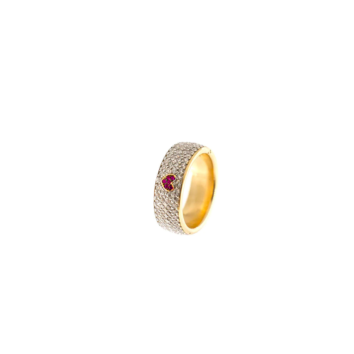 Anello a Fascia con Pavé di Zirconi bianchi e Cuore rossa al centro della collezione Galactica di Rue des Mille