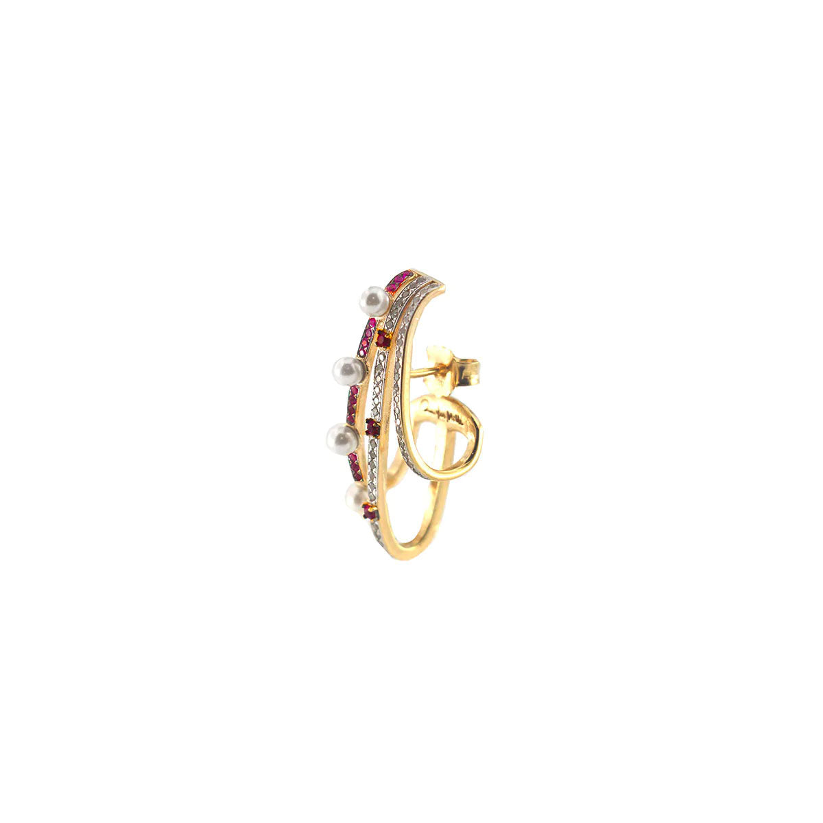 Mono Orecchino HUGGIE a 3 fili in argento 925 e finitura oro giallo 18kt. Perline lungo il primo filo e zirconi bianchi e rossi incastonati a mano sugli altri due fili. Chiusura con la farfallina.