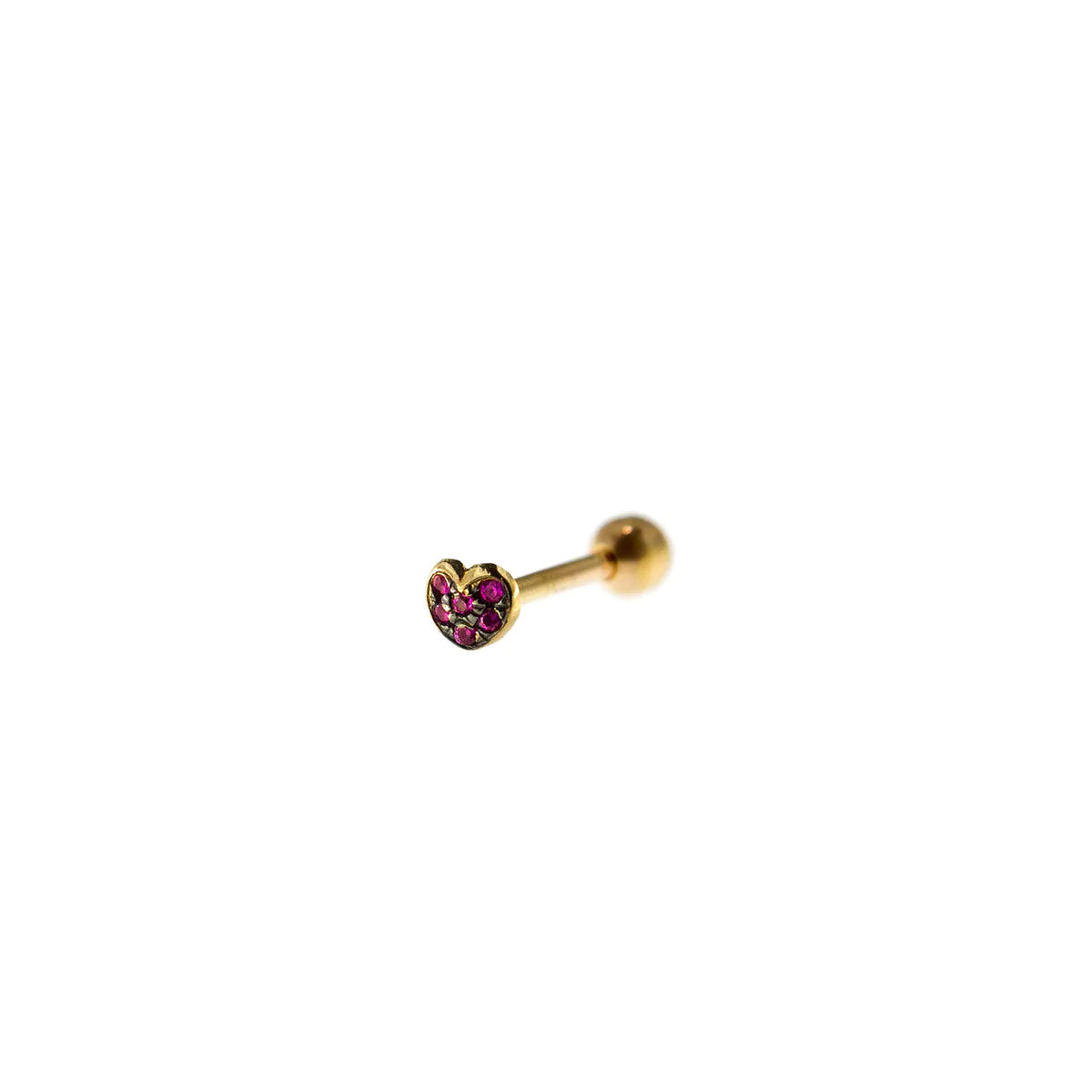 Piercing a cuore con zirconi rossi incastonati a mano. La chiusura con sfera ti permette di indossarlo anche nella parte alta dell'orecchio.