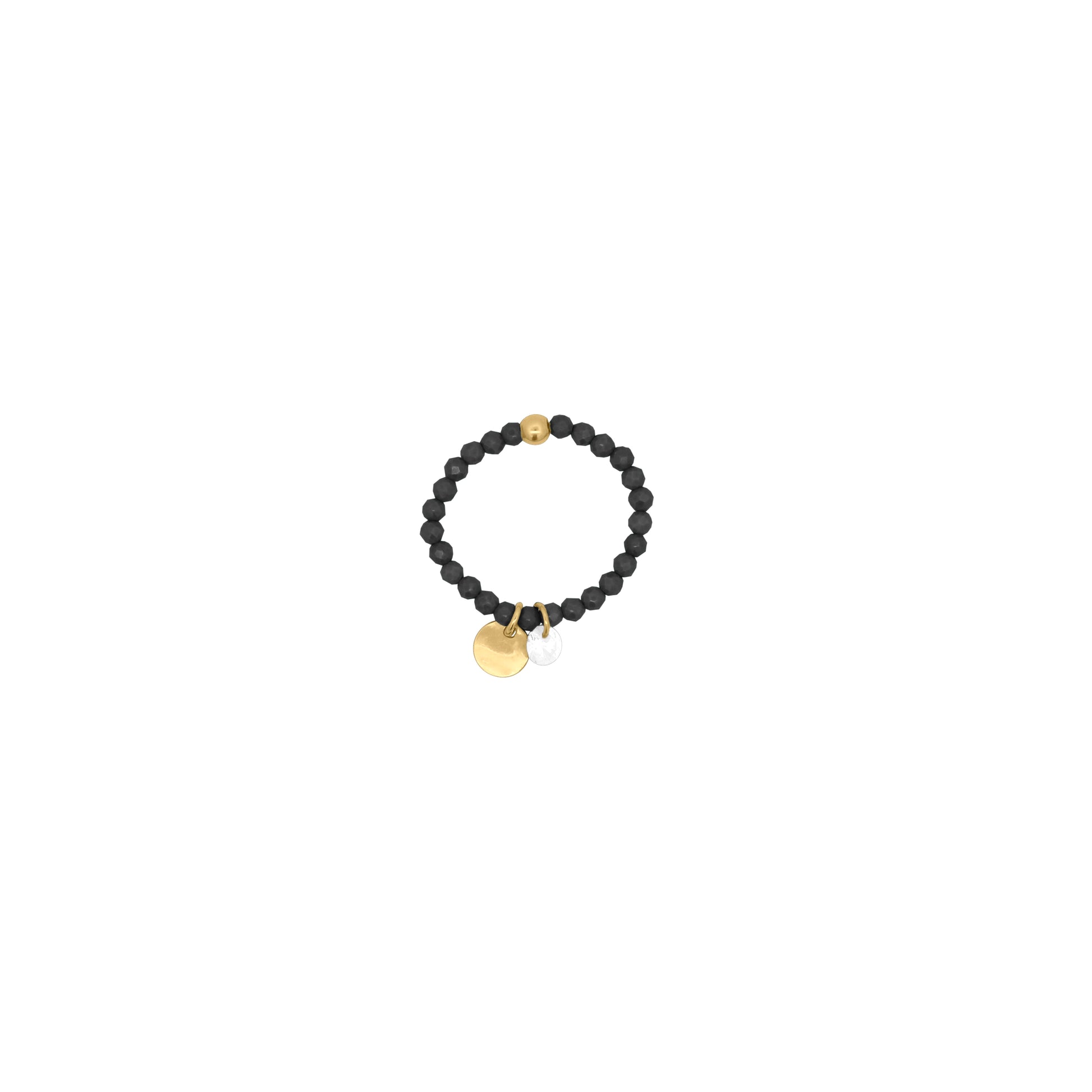 Anello elastico in argento con zirconi milky neri, medaglietta dorata e zircone bianco pendente - GIPSY CHIC Rue des Mille