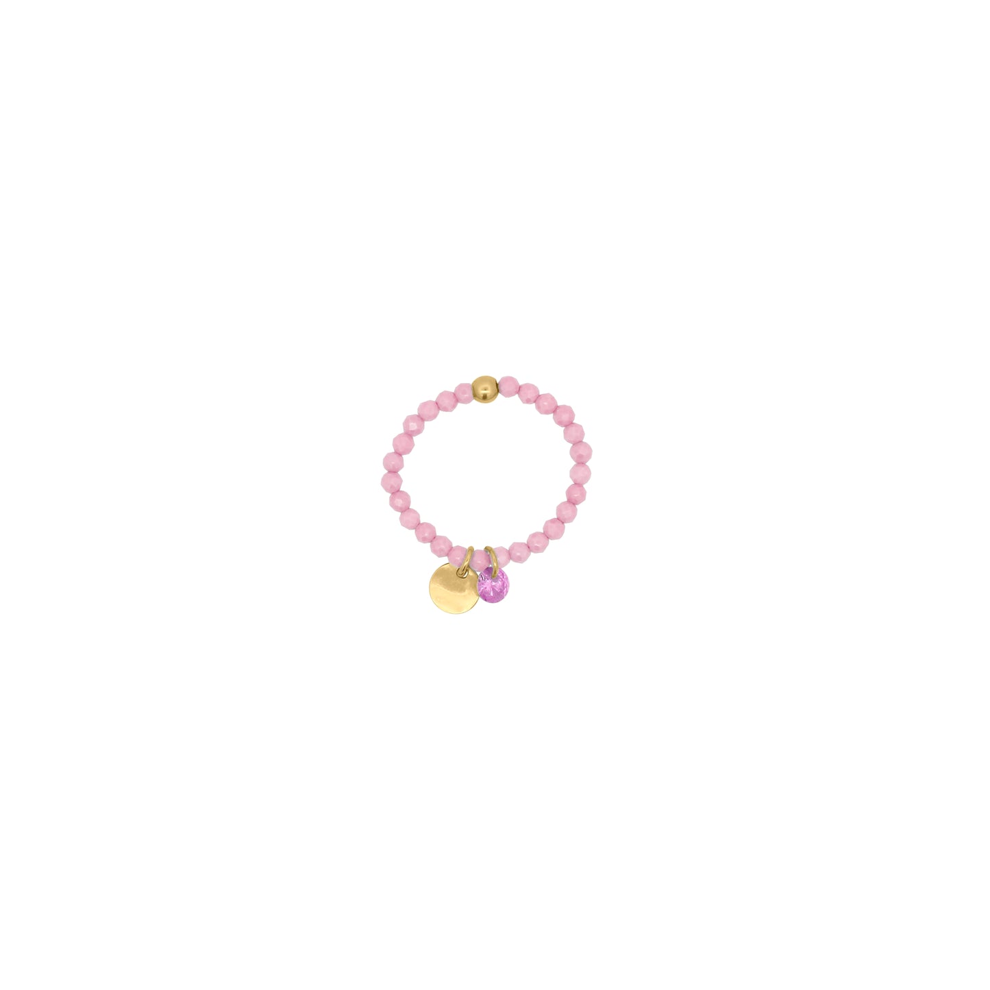 Anello elastico in argento con zirconi milky rosa, medaglietta dorata e zircone bianco pendente - GIPSY CHIC Rue des Mille