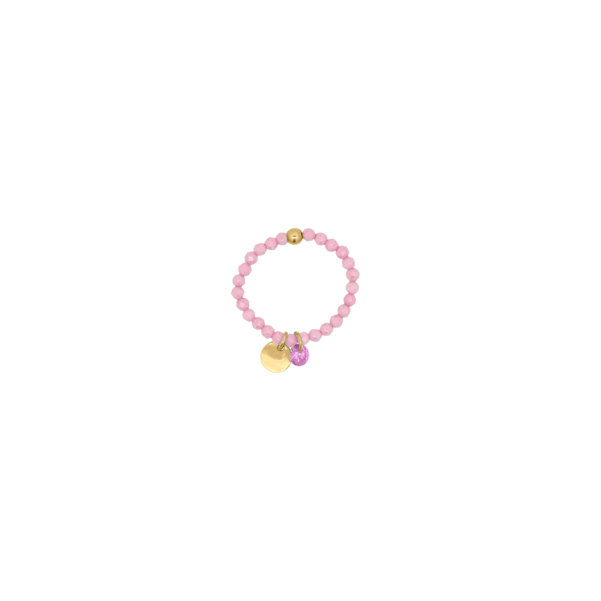 Anello elastico in argento con zirconi milky rosa, medaglietta dorata e zircone bianco pendente - GIPSY CHIC Rue des Mille