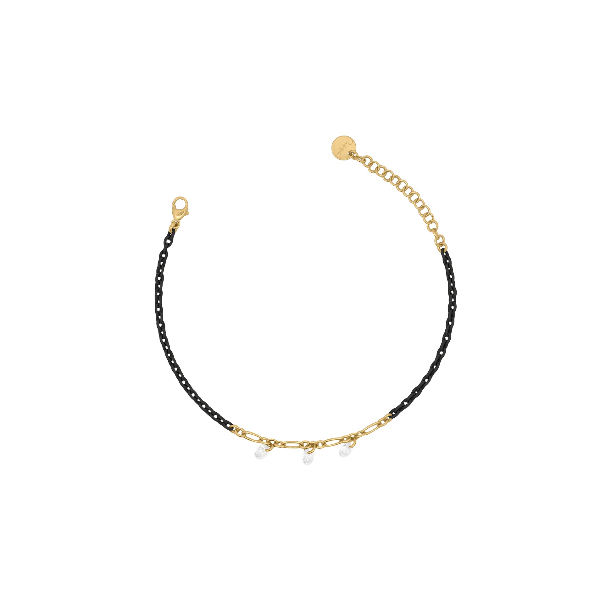 Bracciale in argento 925 con catena verniciata nera e tre zirconi bianchi pendenti - GIPSY CHIC Rue des Mille