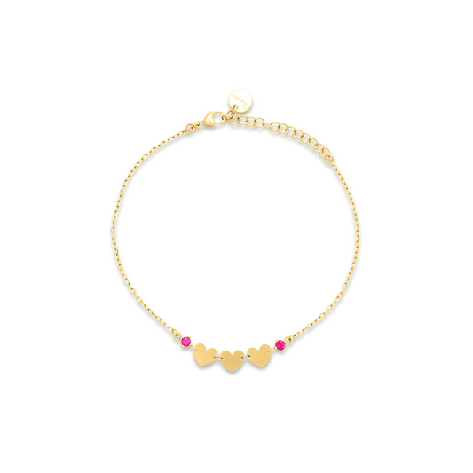 Bracciale a catena placcato oro giallo con tre cuori e zircone rosso punto luce - ESSENCE Rue des Mille