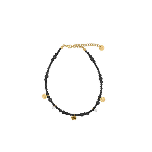 Cavigliera in argento 925 con zirconi milky neri e medagliette dorate pendenti - GIPSY CHIC Rue des Mille