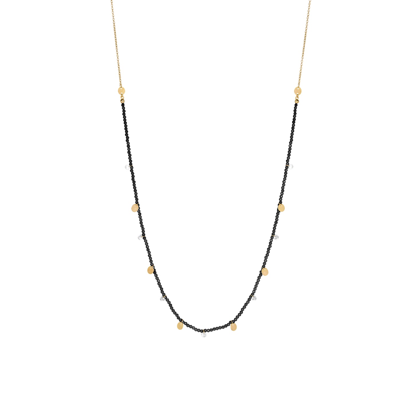 Collana lunga 90 cm in argento con pepite di zirconi milky neri, zirconi nudi neri pendenti e medagliette dorate - GIPSY CHIC Rue des Mille