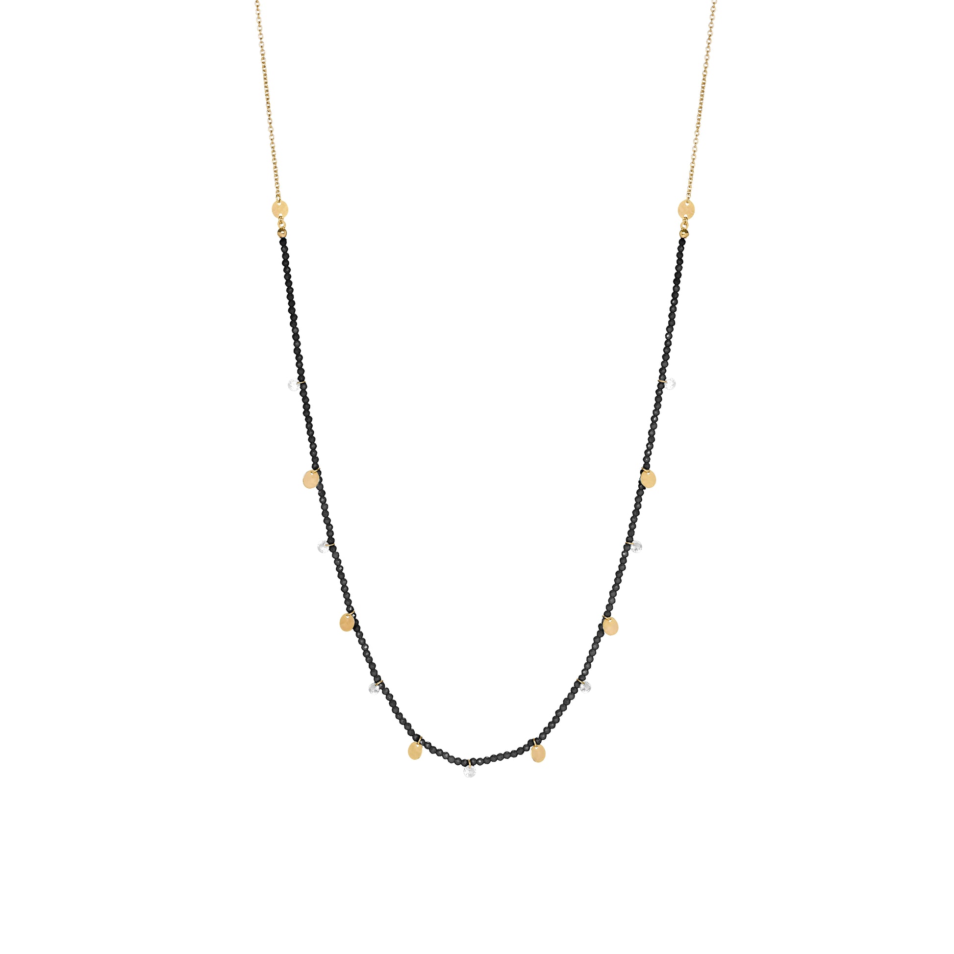 Collana lunga 90 cm in argento con pepite di zirconi milky neri, zirconi nudi neri pendenti e medagliette dorate - GIPSY CHIC Rue des Mille