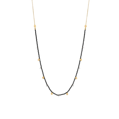 Collana lunga 90 cm in argento con pepite di zirconi milky neri, zirconi nudi neri pendenti e medagliette dorate - GIPSY CHIC Rue des Mille