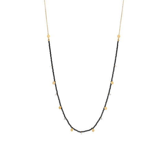 Collana lunga 90 cm in argento con pepite di zirconi milky neri, zirconi nudi neri pendenti e medagliette dorate - GIPSY CHIC Rue des Mille