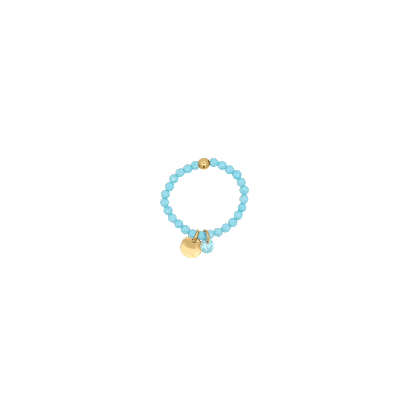 Anello elastico in argento con zirconi milky turchese, medaglietta dorata e zircone bianco pendente - GIPSY CHIC Rue des Mille