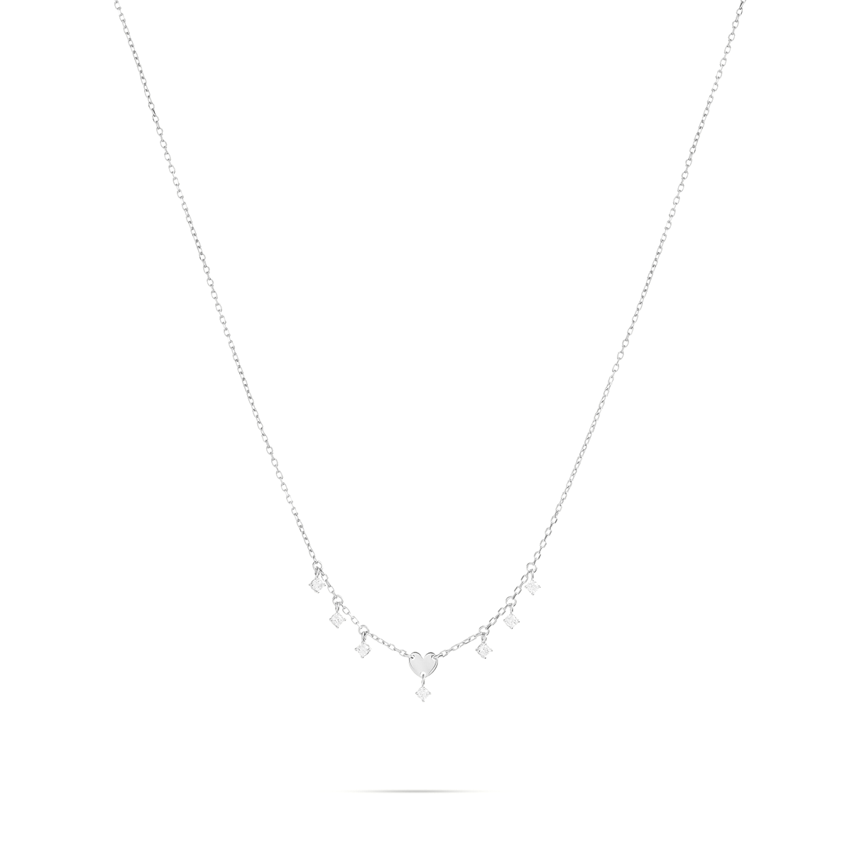 Girocollo con mini cuore centrale rodiato e sette zirconi bianchi pendenti - ESSENCE Rue des Mille