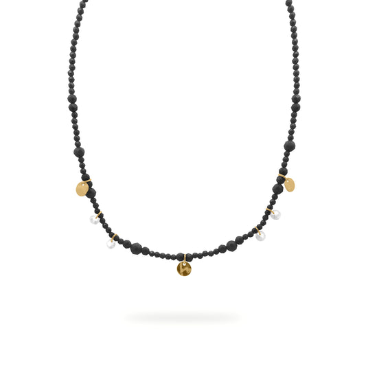Girocollo con zirconi milky neri, zirconi nude bianchi e medaglie dorate pendenti - GIPSY CHIC Rue des Mille