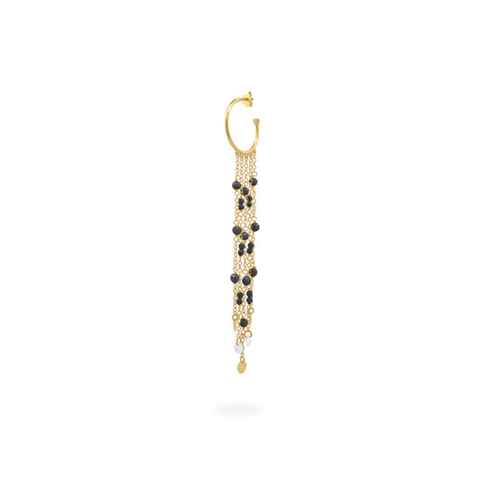 Mono-orecchino a cerchio in argento dorato con cascata di catene dorate e zirconi neri pendenti - GIPSY CHIC Rue des Mille