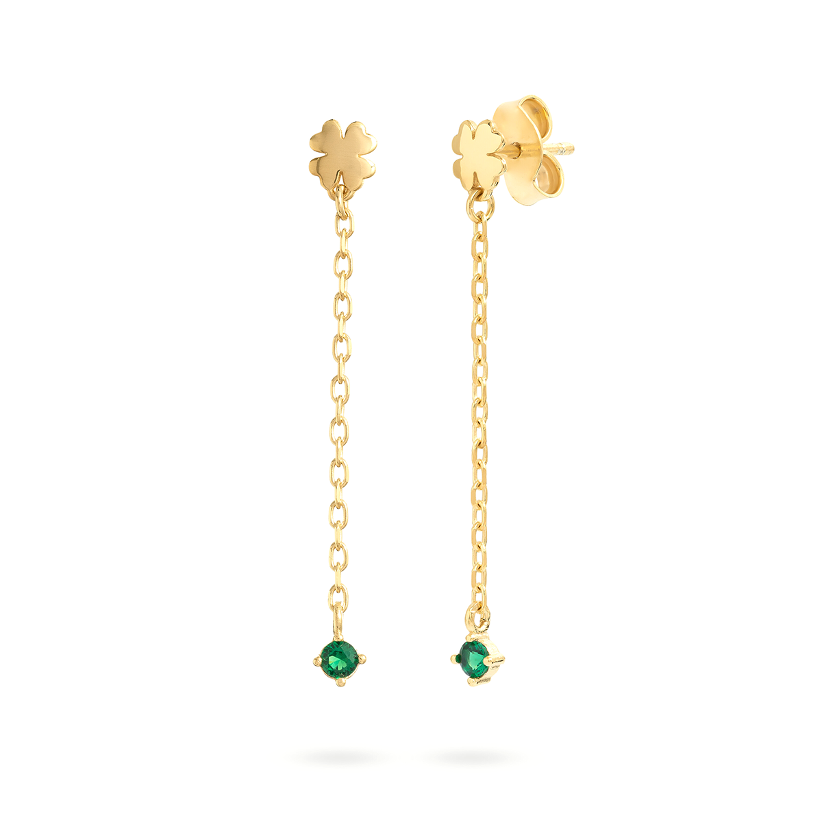 Orecchini con quadrifoglio placcati oro giallo, catenella line e zircone verde - ESSENCE Rue des Mille