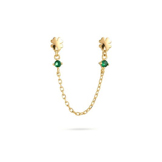 Orecchino doppio con quadrifoglio tappabuco, catenella pendente e zircone verde - ESSENCE Rue des Mille