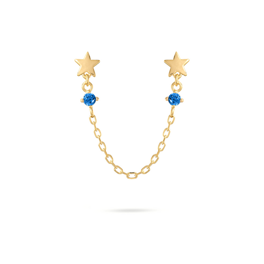 Orecchino doppio a lobo con stella tappabuco, catenella pendente e zircone blu - ESSENCE Rue des Mille
