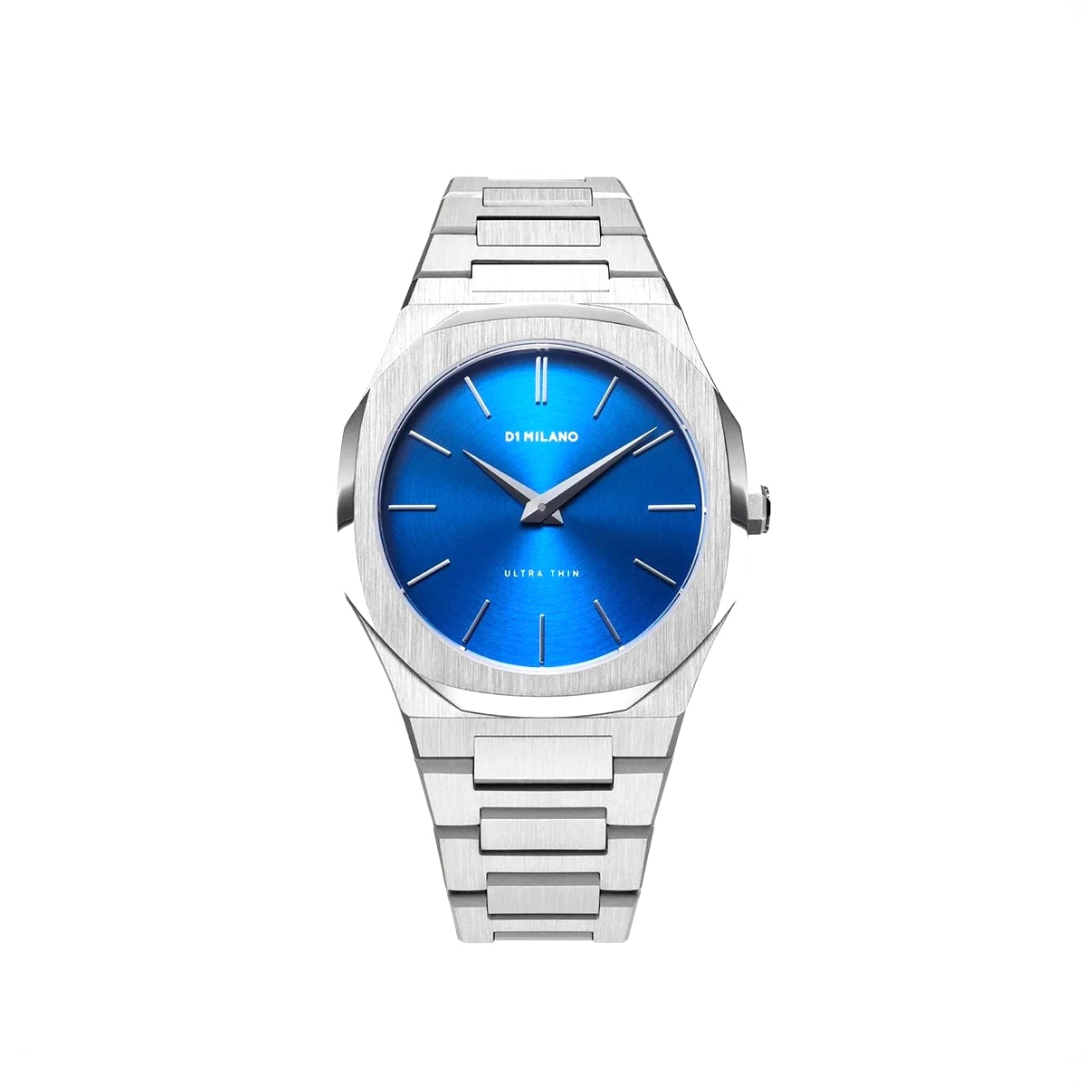 Orologio D1 Milano Ultra Thin GEO in acciaio. Cassa da 40 mm, quadrante blu acceso e cinturino in acciaio. | D1-UTBJ09
