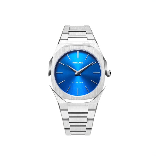 Orologio D1 Milano Ultra Thin GEO in acciaio. Cassa da 40 mm, quadrante blu acceso e cinturino in acciaio. | D1-UTBJ09