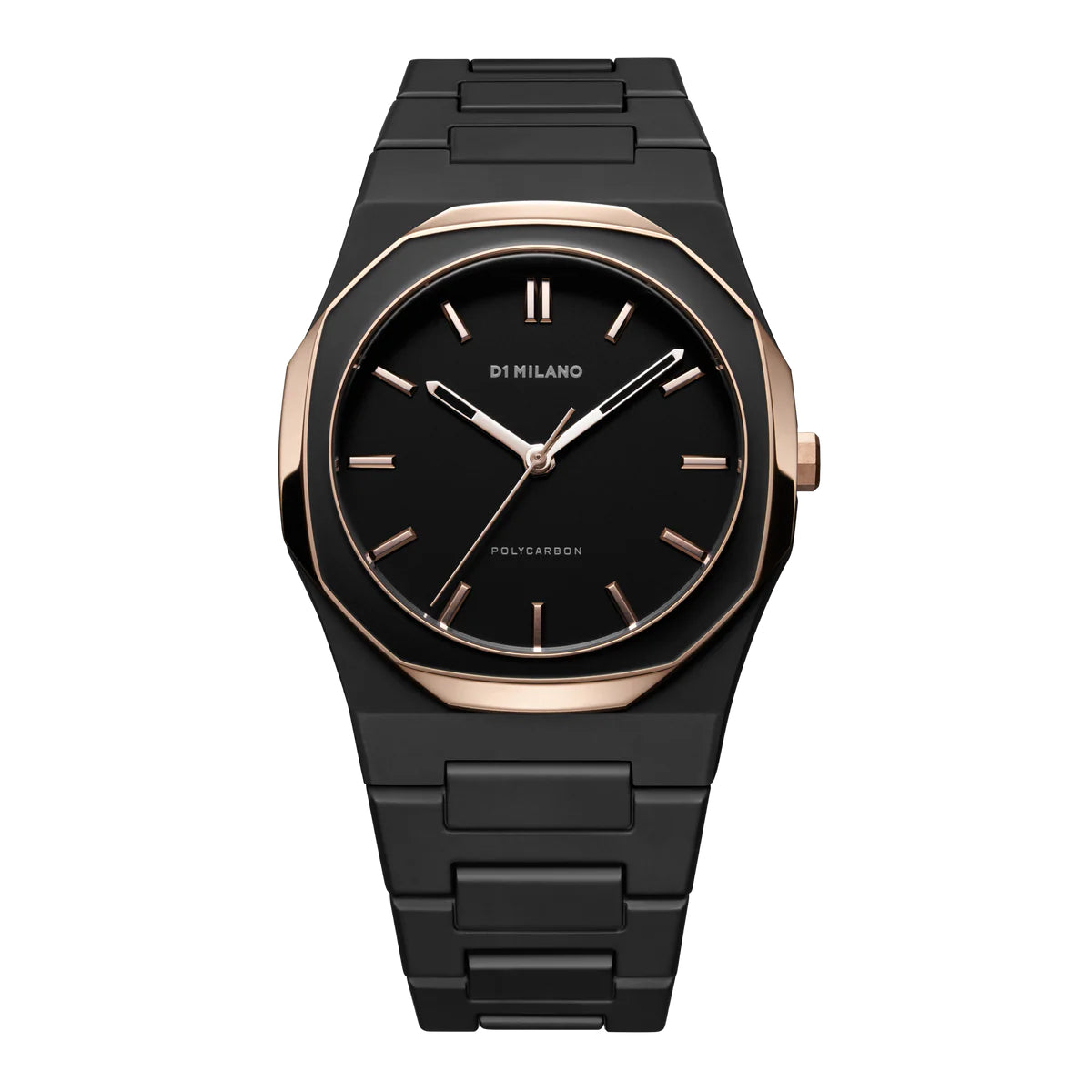 Orologio D1 Milano in policarbonato nero con ghiera, lancette e indici laminati in oro rosa | Polycarbon Black Mesh | D1-PCBJ35