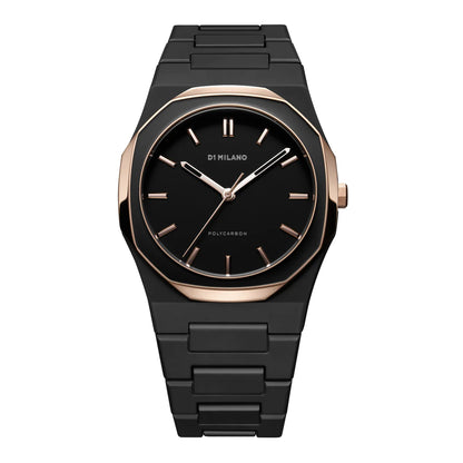 Orologio D1 Milano in policarbonato nero con ghiera, lancette e indici laminati in oro rosa | Polycarbon Black Mesh | D1-PCBJ35