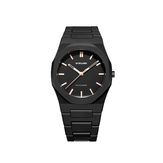 Orologio D1 Milano Polycarbon Dawn Light  in policarbonato. Cassa da 40.5 mm nera, quadrante nero con lancette e indici laminati in oro rosa, cinturino nero. | D1-PCBJ12