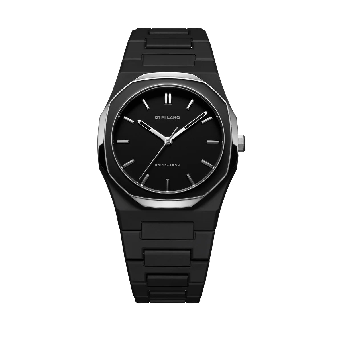 Orologio D1 Milano in policarbonato nero con ghiera, lancette e indici in acciaio | Polycarbon Gun Mesh | D1-PCBU13