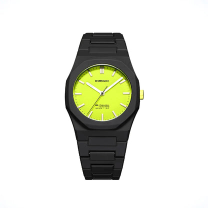 Orologio D1 Milano Polycarbon Spectrum Shift in policarbonato. Cassa da 40.5 mm nera, quadrante giallo fluo con lancette e indici bianchi, cinturino nero. | D1-PCBJ47