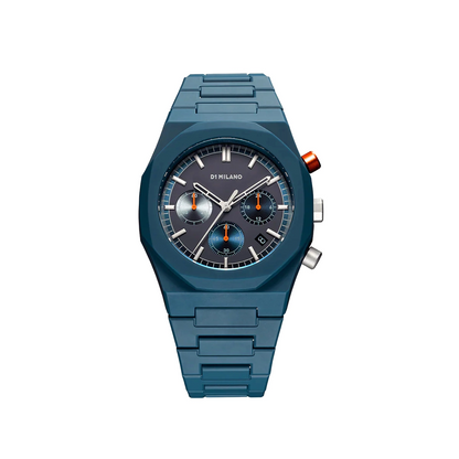 Orologio D1 Milano Polychrono Neptune Blue in policarbonato. Cassa da 40.5 mm blu, quadrante con sub-quadranti a costrasto, cinturino blu. | D1-PHBJ09