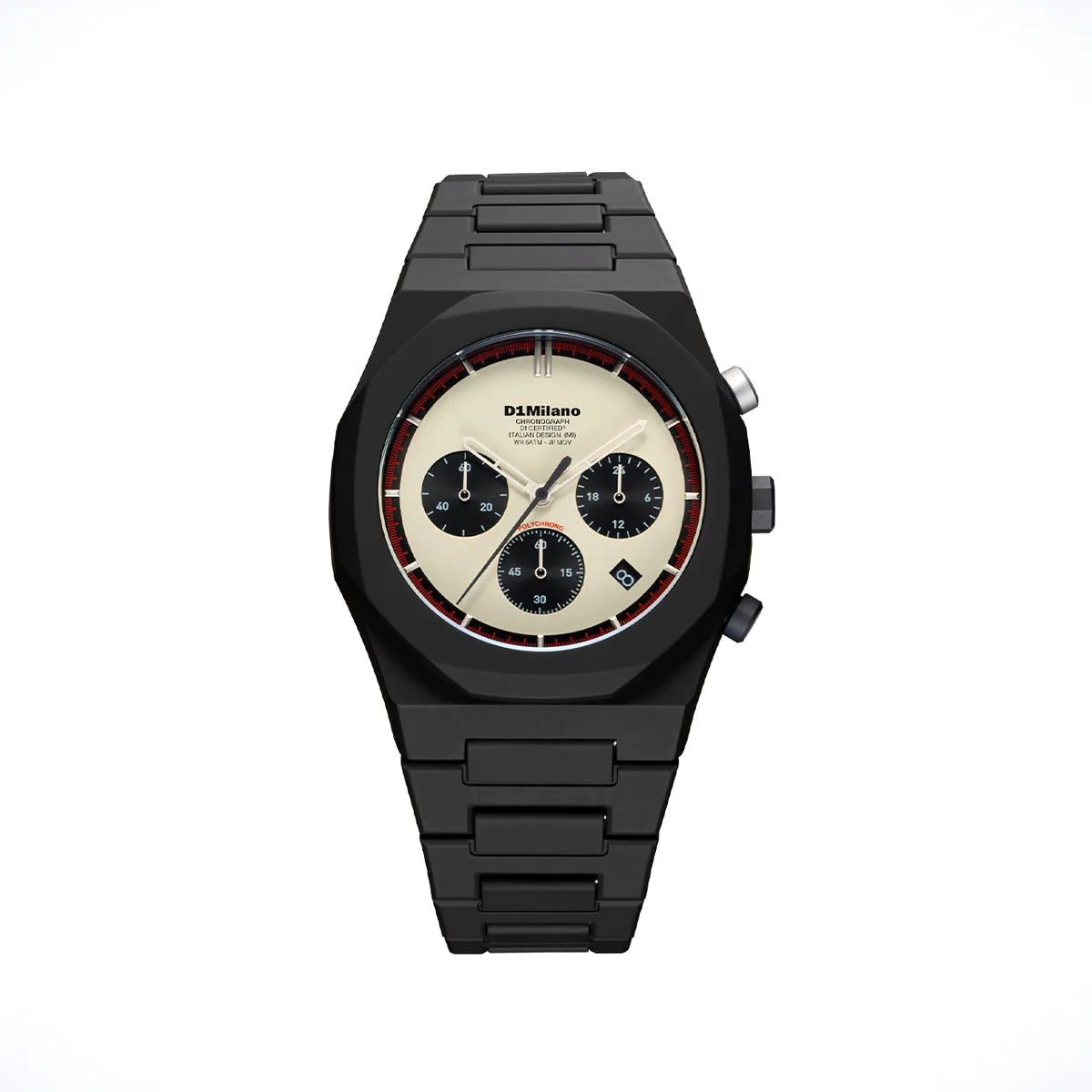 Orologio D1 Milano Polychrono Void Phantom in policarbonato. Cassa da 40.5 mm nera, quadrante "panda" color bianco vintage, cinturino nero. | D1-PHBJ18