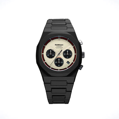 Orologio D1 Milano Polychrono Void Phantom in policarbonato. Cassa da 40.5 mm nera, quadrante "panda" color bianco vintage, cinturino nero. | D1-PHBJ18