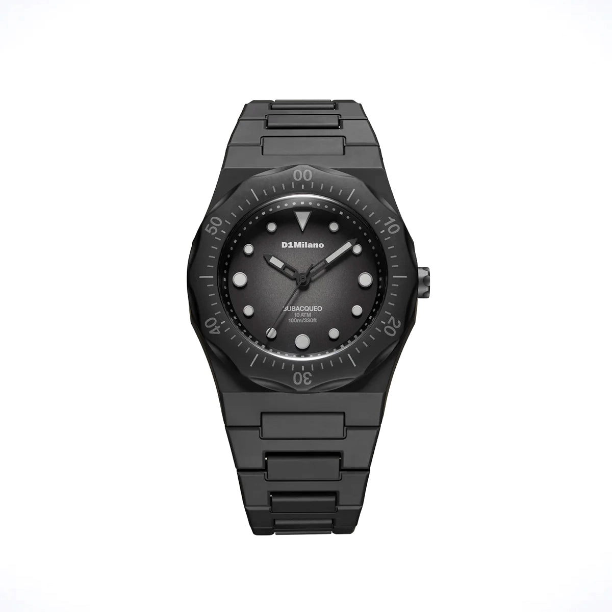 Orologio D1 Milano Polydiver Carbon Harbor in policarbonato. Cassa da 40.5 mm nera, quadrante sfumato con lancette e indici luminescenti, cinturino nero. | D1-PDBJ01