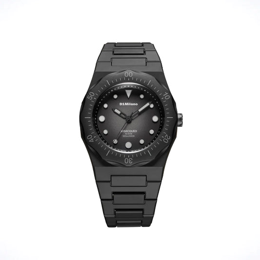 Orologio D1 Milano Polydiver Carbon Harbor in policarbonato. Cassa da 40.5 mm nera, quadrante sfumato con lancette e indici luminescenti, cinturino nero. | D1-PDBJ01