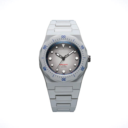 Orologio D1 Milano Polydiver Steel Harbor in policarbonato grigio. Cassa da 40.5 mm, quadrante sfumato con lancette e indici luminescenti, cinturino grigio. | D1-PDBJ03