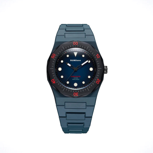 Orologio D1 Milano Polydiver Wave Drift policarbonato blu petrolio. Cassa da 40.5 mm, quadrante sfumato con lancette e indici luminescenti, cinturino blu petrolio. | D1-PDBJ02