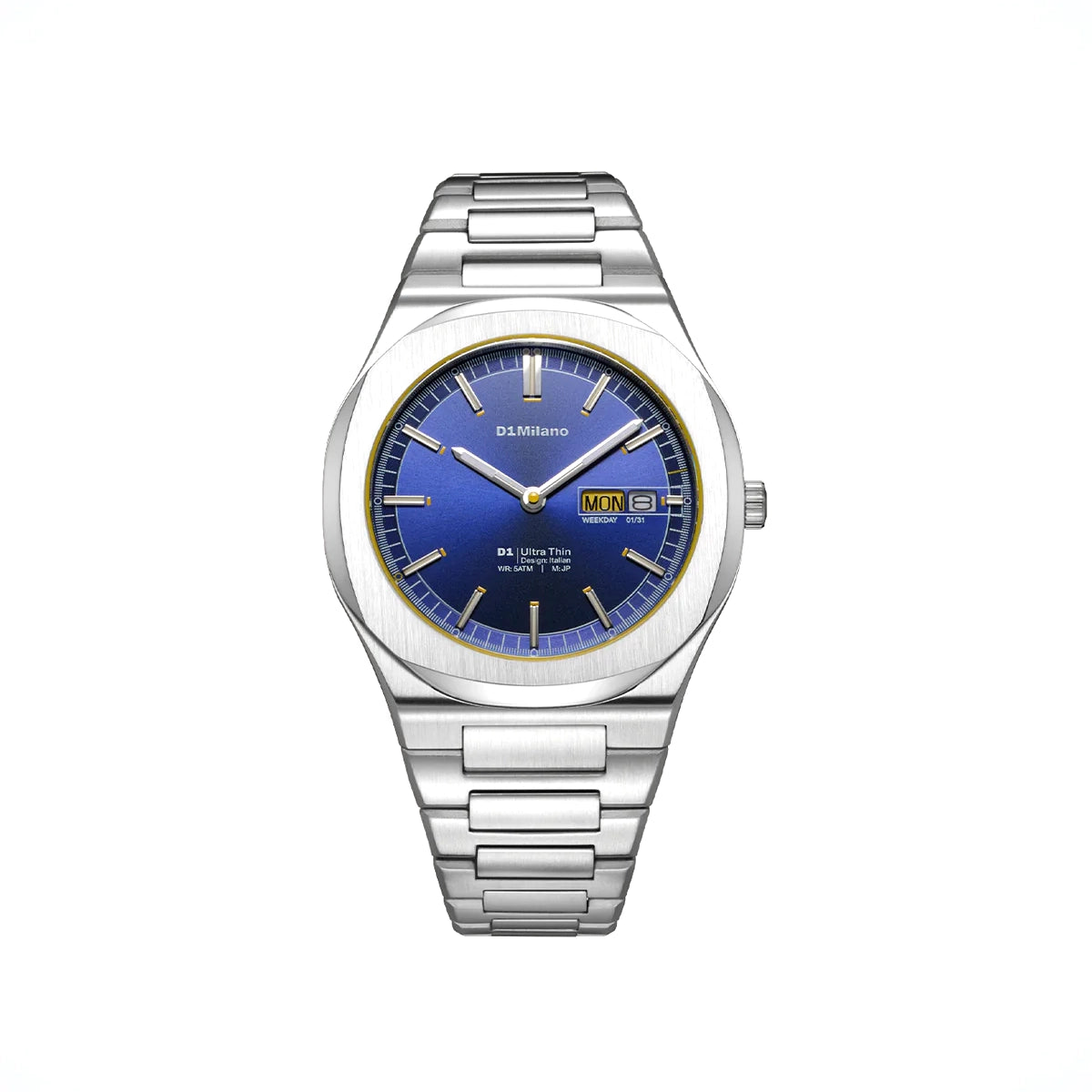 Orologio D1 Milano Ultra Light Illusion in acciaio. Cassa da 39 mm, quadrante blu con giorno-data a ore 3 e cinturino in acciaio. | D1-UHBJ07