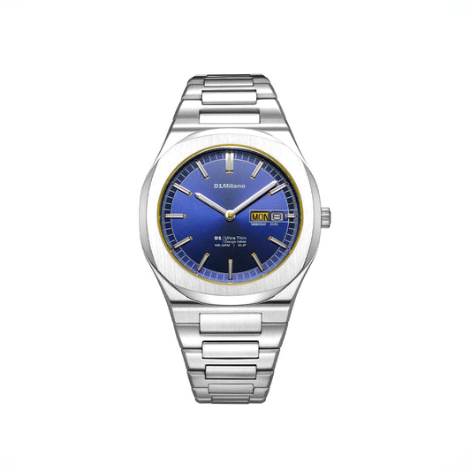 Orologio D1 Milano Ultra Light Illusion in acciaio. Cassa da 39 mm, quadrante blu con giorno-data a ore 3 e cinturino in acciaio. | D1-UHBJ07