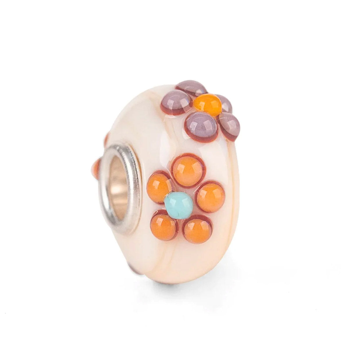 Bouquet Bianco THUN by Trollbeads | Beads in vetro beige e bianco con fiorellini in rilievo di colore arancione e viola | TGLBE-20141