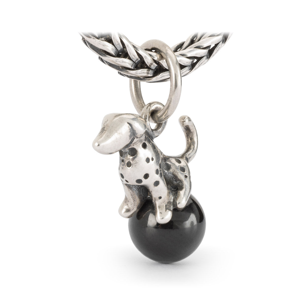 Affetto Incondizionato Trollbeads | Beads pendente in argento a forma di cane Dalmata. Il cagnolino è seduto su un'onice nera rotonda. | TAGBE-00304