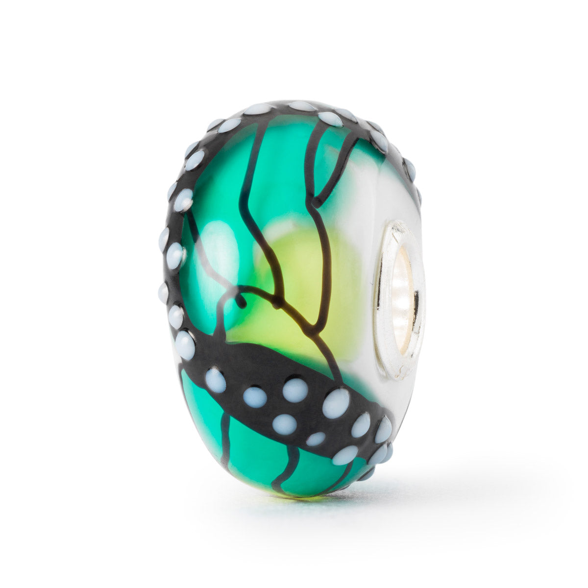 Ali del Successo è un beads in vetro Trollbeads su cui è disegnata una farfalla verde con sfumature gialle lime.