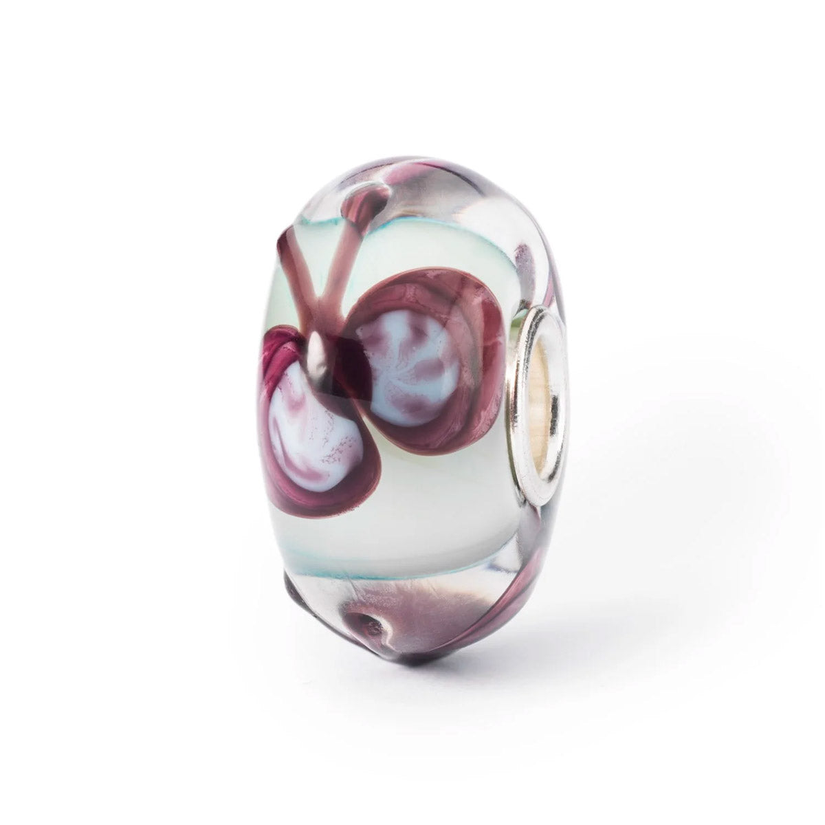 Armonia in Volo Trollbeads | Beads in vetro bianco su cui sono disegnate farfalle di colore viola | TGLBE-20346